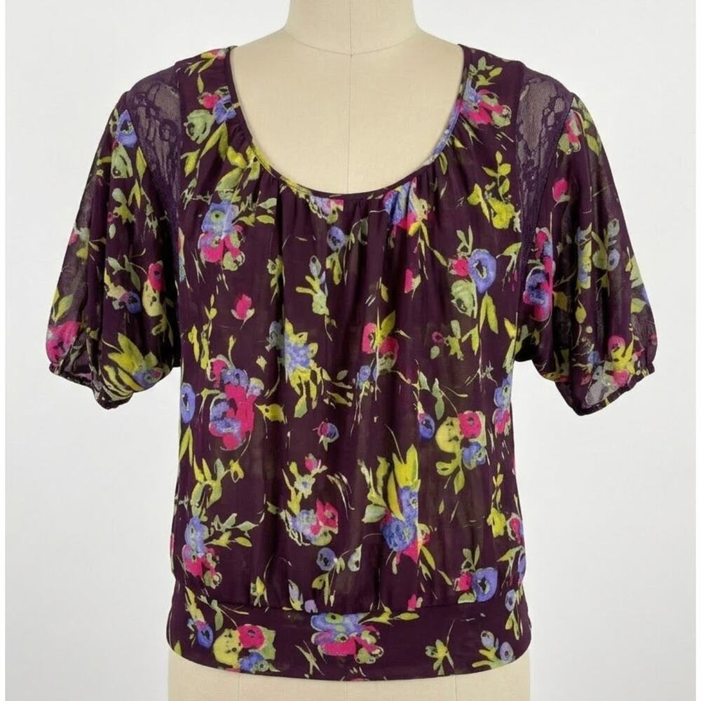 Express Top M Purple Sheer Floral Short Sleeve Cottage Fairy Grunge Garden Y2K